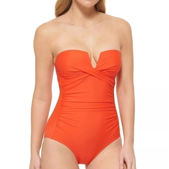 CALVIN KLEIN Women's Split-Neck Bandeau Removable-Strap Tummy-Control Swimsuit - Picture 3 of 13
